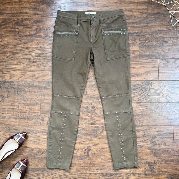 Joie • Hazina Studded Skinny Jeans pants ankle crop zipper Fatigue army green - Picture 2 of 13